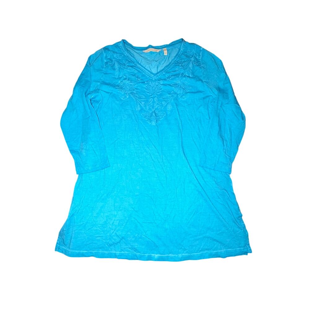 Soft Surroundings Tunic Blouse Women's Size S Blue V Neck Embroidered Boho